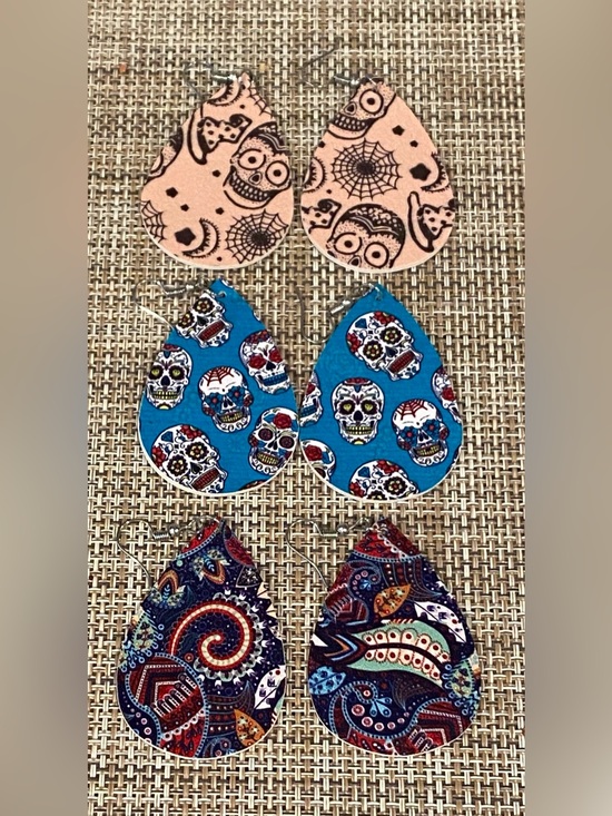 The Unbranded Brand Jewelry - 🎉3-Pair Teardrop Leather Earrings Set - Day of the Dead Sugar skulls